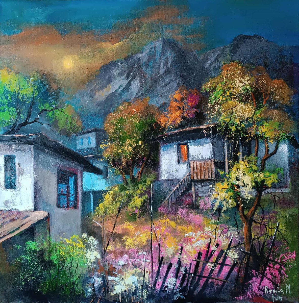 Impressionistic Landscape Oil Painting By Reneta Isin, 31 X 31", At The Foot Of Teteven Balkan, Original Artwork