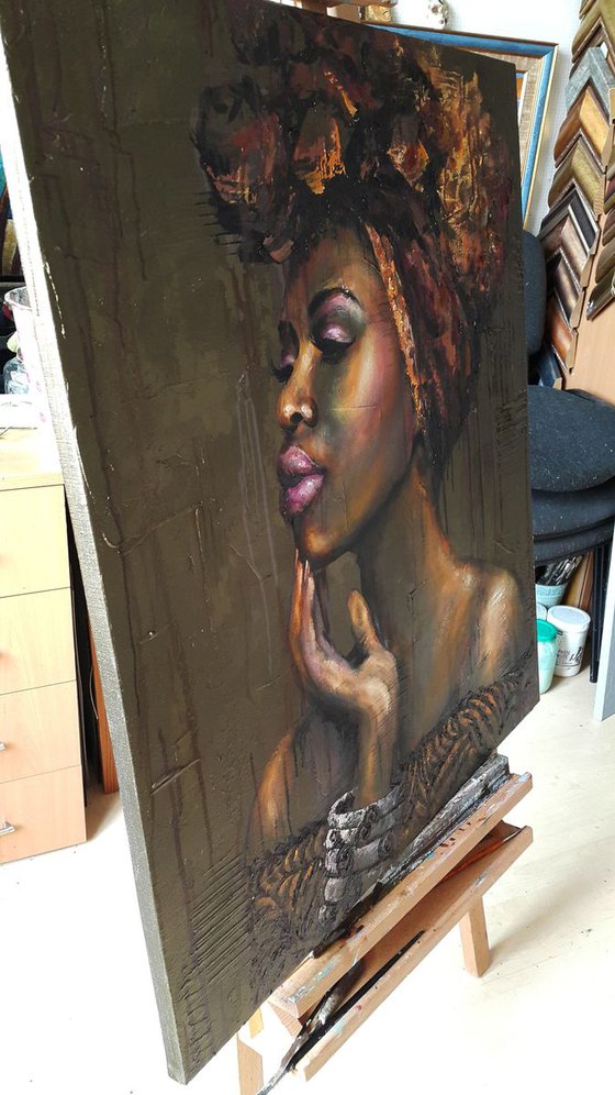 Painting " The Gold of Africa "abstract portrait,  impasto, oil, acrylic, canvas,