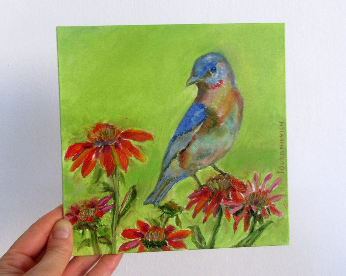 Funny Bird Painting 8x8 in Oil,Red Floral Blossom,Deep Blue Little Bird,Natural Landscape... by Katia Ricci
