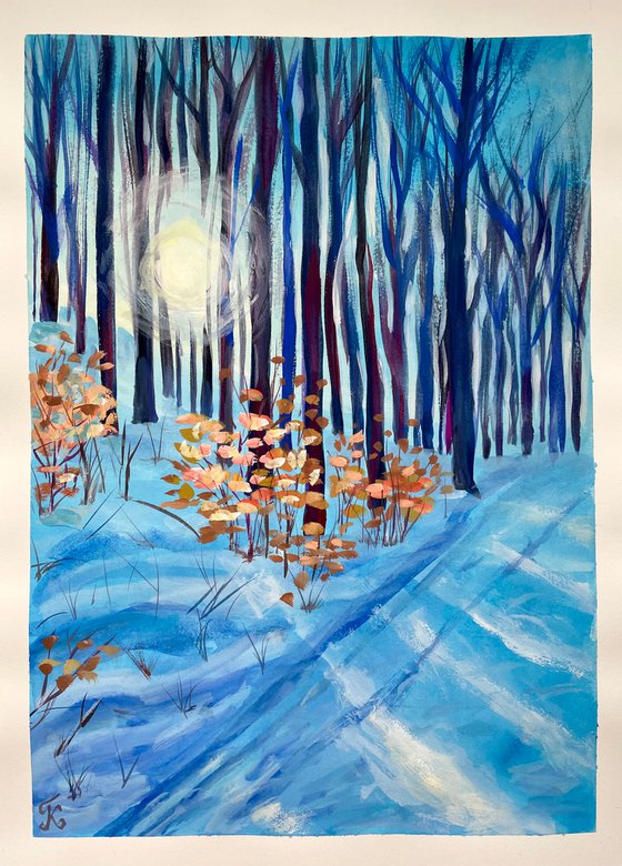 Original Gouache Painting, Snowy Forest Wall Art, Winter Trees Artwork, Rustic Home Decor