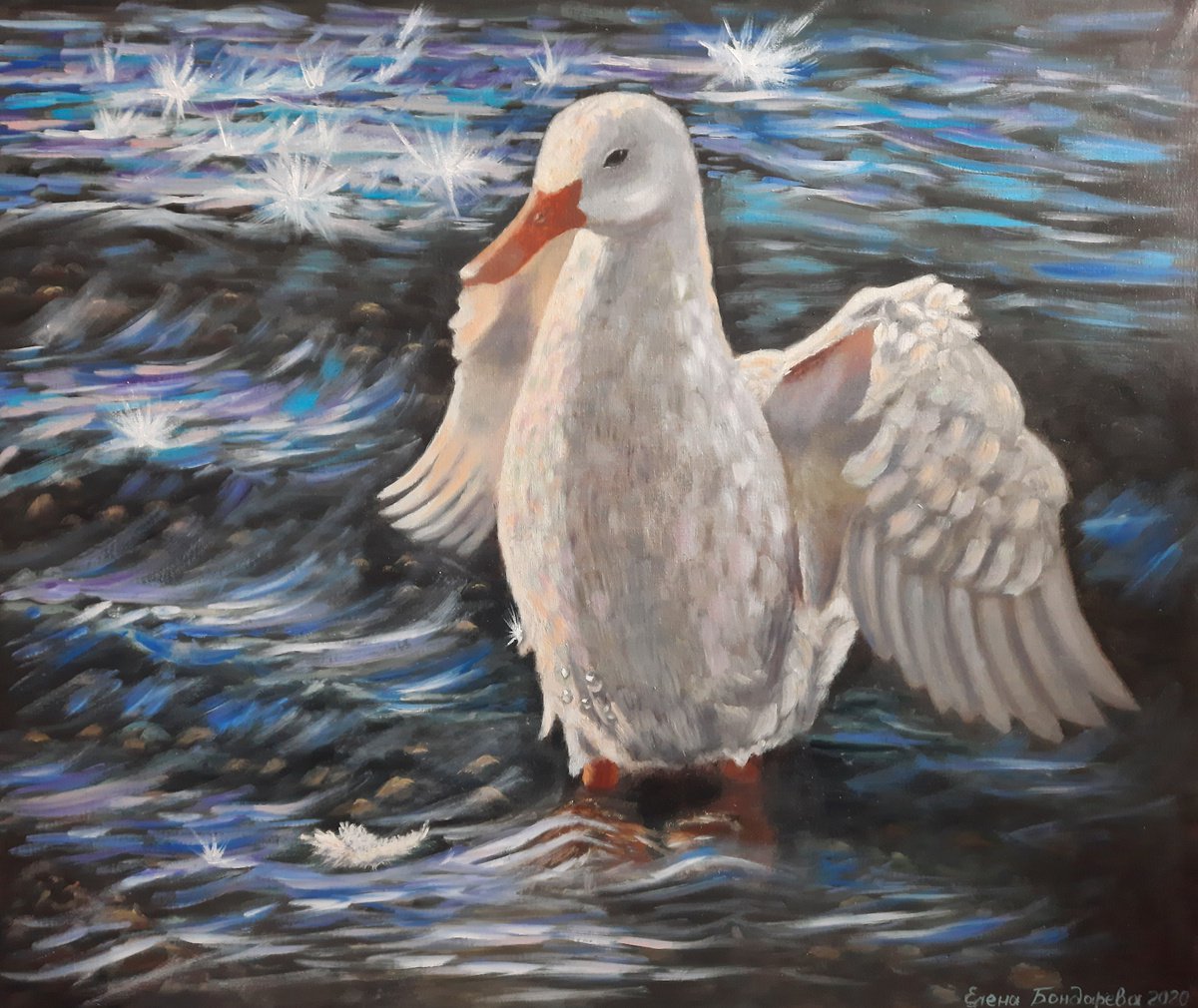 Bathing a white bird-a white duck in the water. by Elena Bondareva