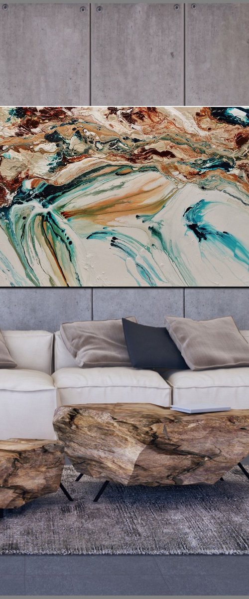 Coastal Rapture 270cm x 120cm Teal Cream Textured Abstract Art by Franko