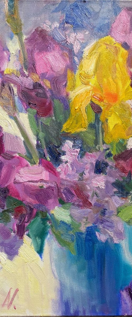 Bouquet with blue and yellow irises by Nataliia Nosyk