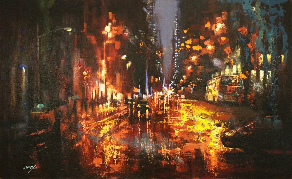 Expressive Cityscapes Oil Painting By Chin H Shin, 48 X 30, Night Bus, Original Artwork