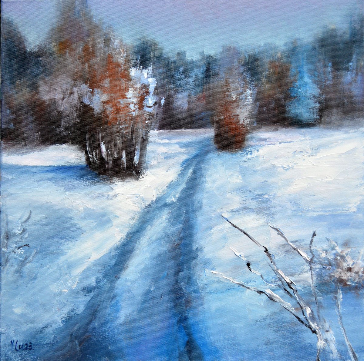 Expressive Landscape Oil Painting By Elena Lukina, 16 X 16, Snow Path, Original Artwork