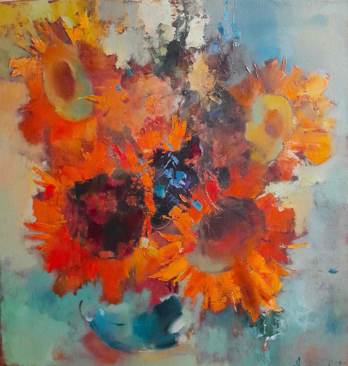Expressive Botanical Oil Painting By Tatyana Barinova, 25 X 26", Honey Evening, Original Artwork
