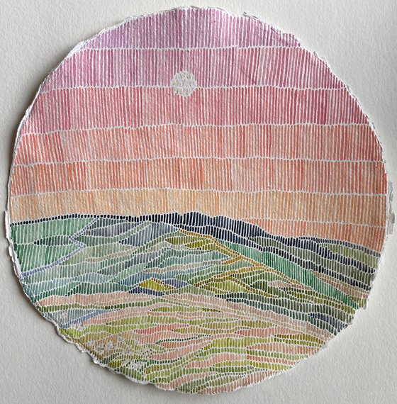 Original style watercolor abstract landscape with pink sky round artwork