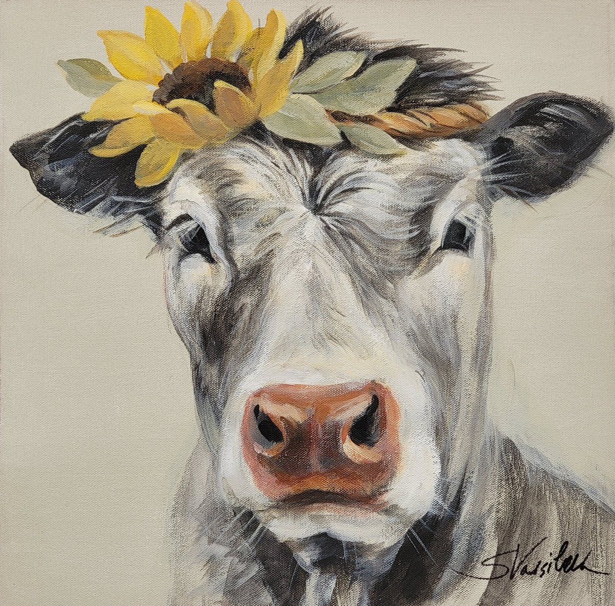 Impressionistic Animal Acrylic Painting By Silvia Vassileva, 15 X 15", Pretty Cow, Original Artwork