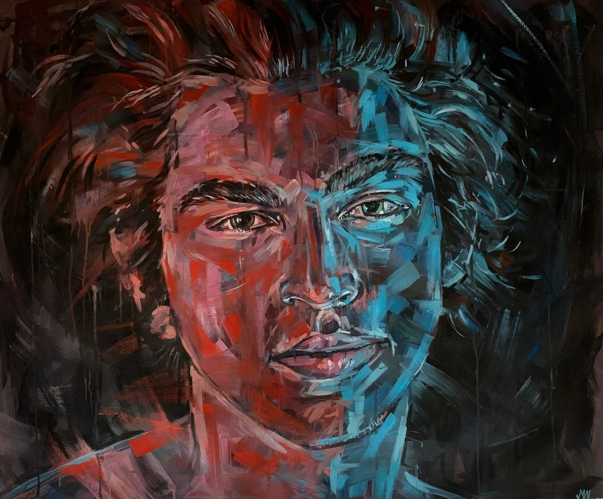 Expressive Portrait Oil Painting By Emmanouil Nanouris, 47 X 39, Red & Blue, Original Artwork