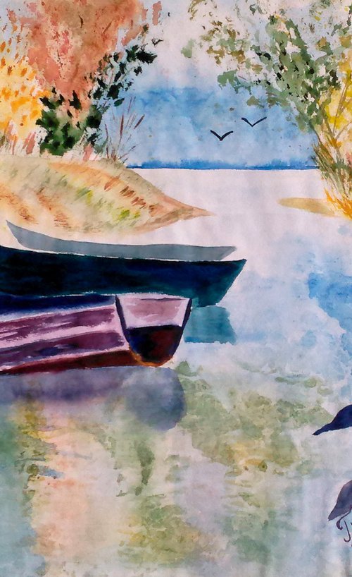 Rowboat by the river. Original watercolor painting by Halyna Kirichenko