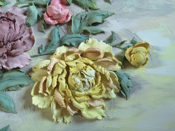 Bouquet of tenderness - peonies - 3d still life with a bouquet of flowers 100x70x7 cm