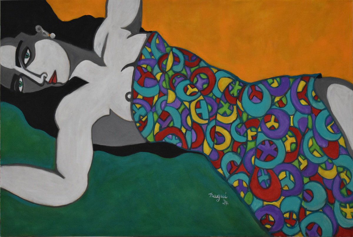 Expressive Portrait Acrylic Painting By Nagui, 36 X 24", Leaning Model 2024 A, Original Artwork