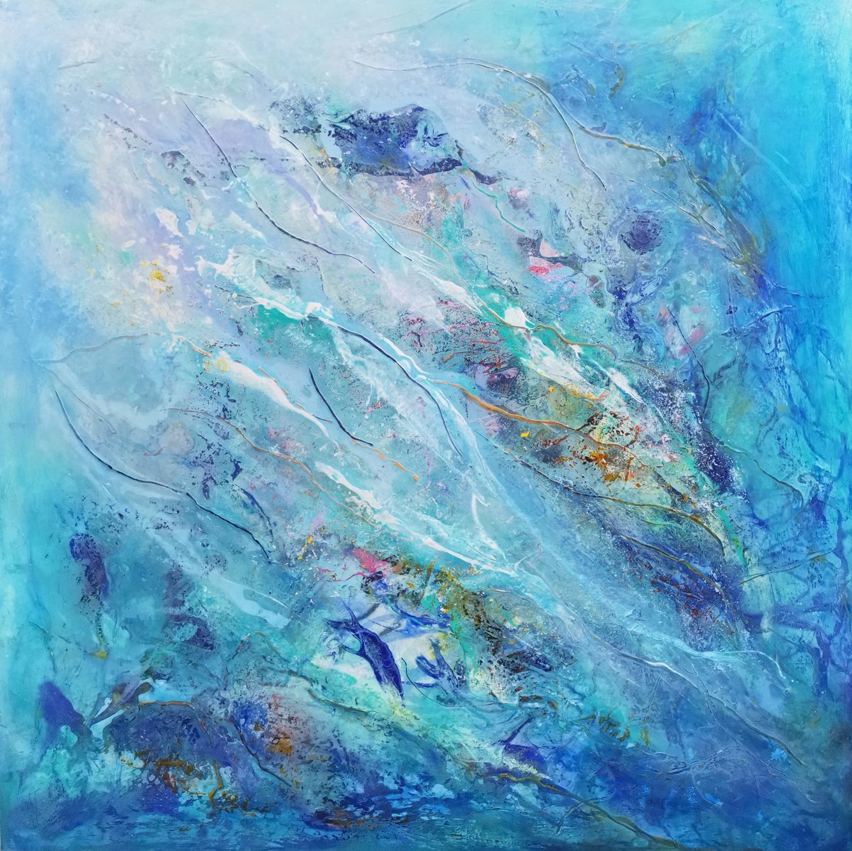 Organic Landscape Acrylic Painting By Doris Duschelbauer, 35 X 35, Flowing Into The Depth, Original Artwork