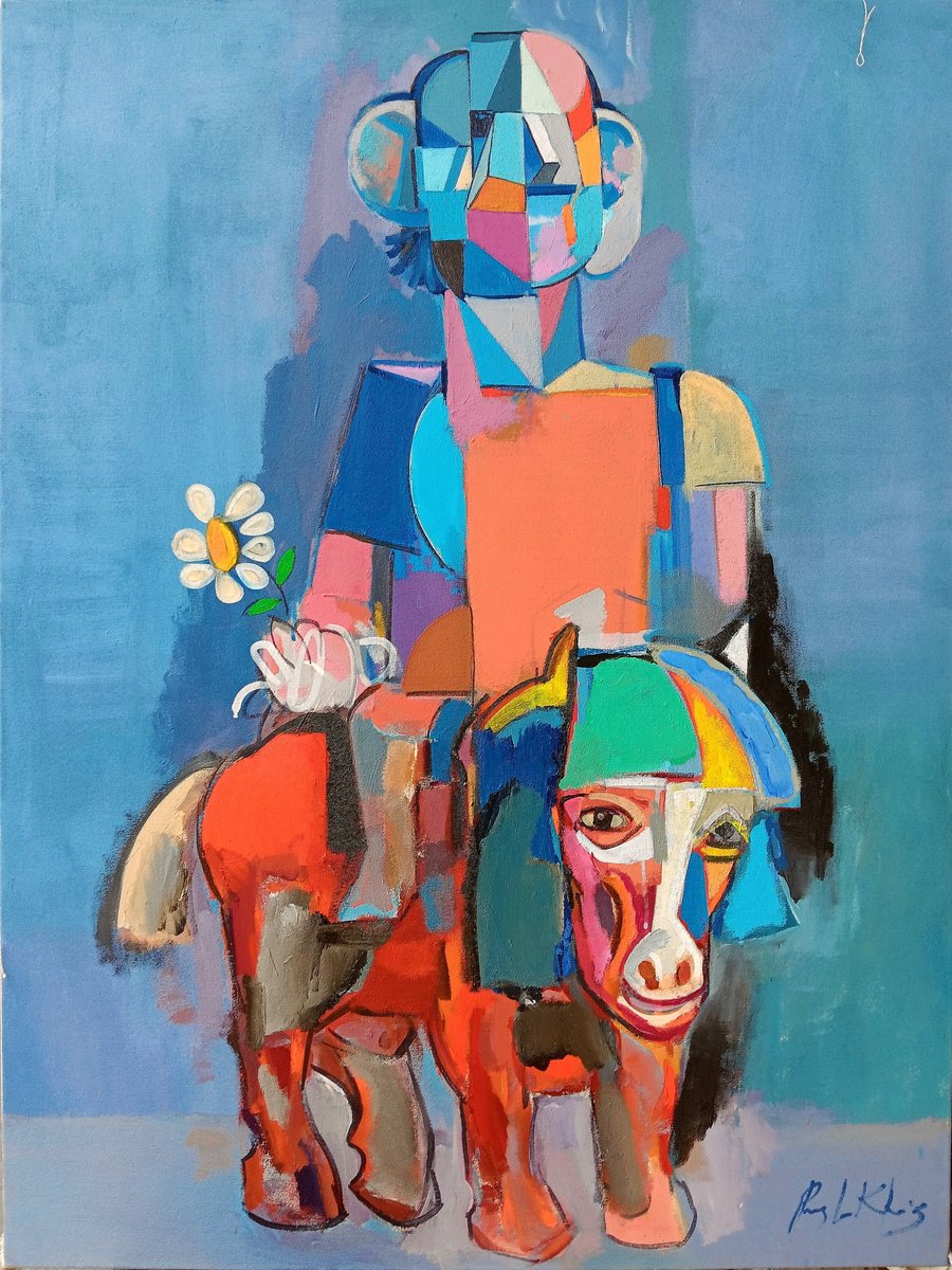 Abstract Portrait Acrylic Painting By Ruslan Khais, 36 X 48", Easy Rider, Original Artwork
