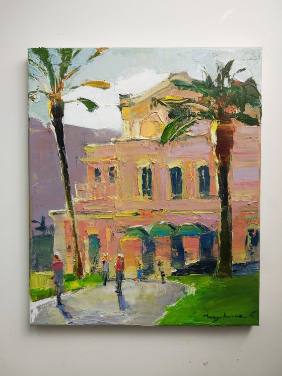 Sunny day. Theatre building in Rome . Original plein air oil painting .