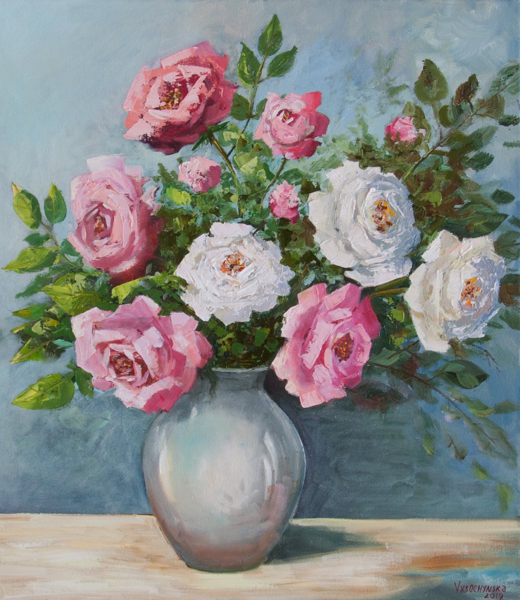 Roses. Oil painting. Floral still life. 14 x 16in. by Tetiana Vysochynska