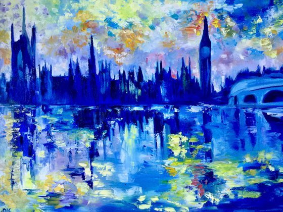 Sunset  in London. Big Ben. House of Parliament. 81x56cm LARGE OIL PAINTING