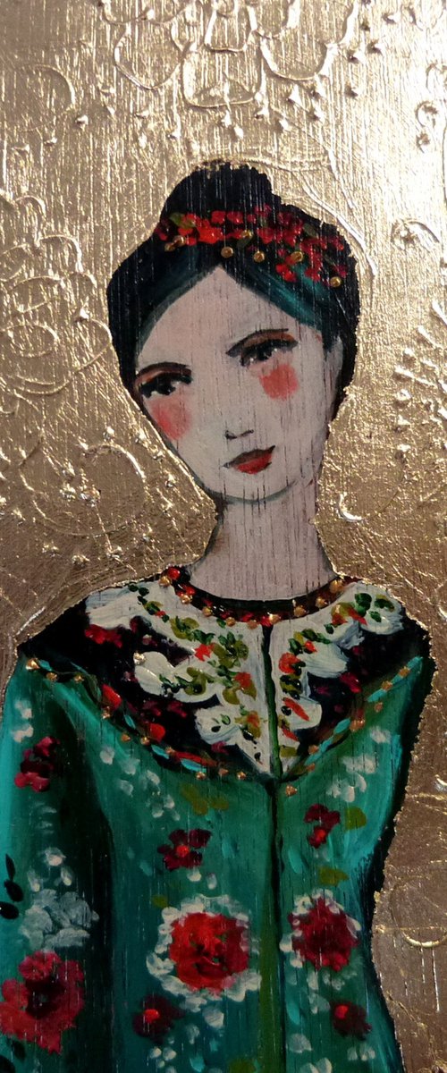 Walk Gold 9.5 x 30 cm on wood. by Loetitia Pillault