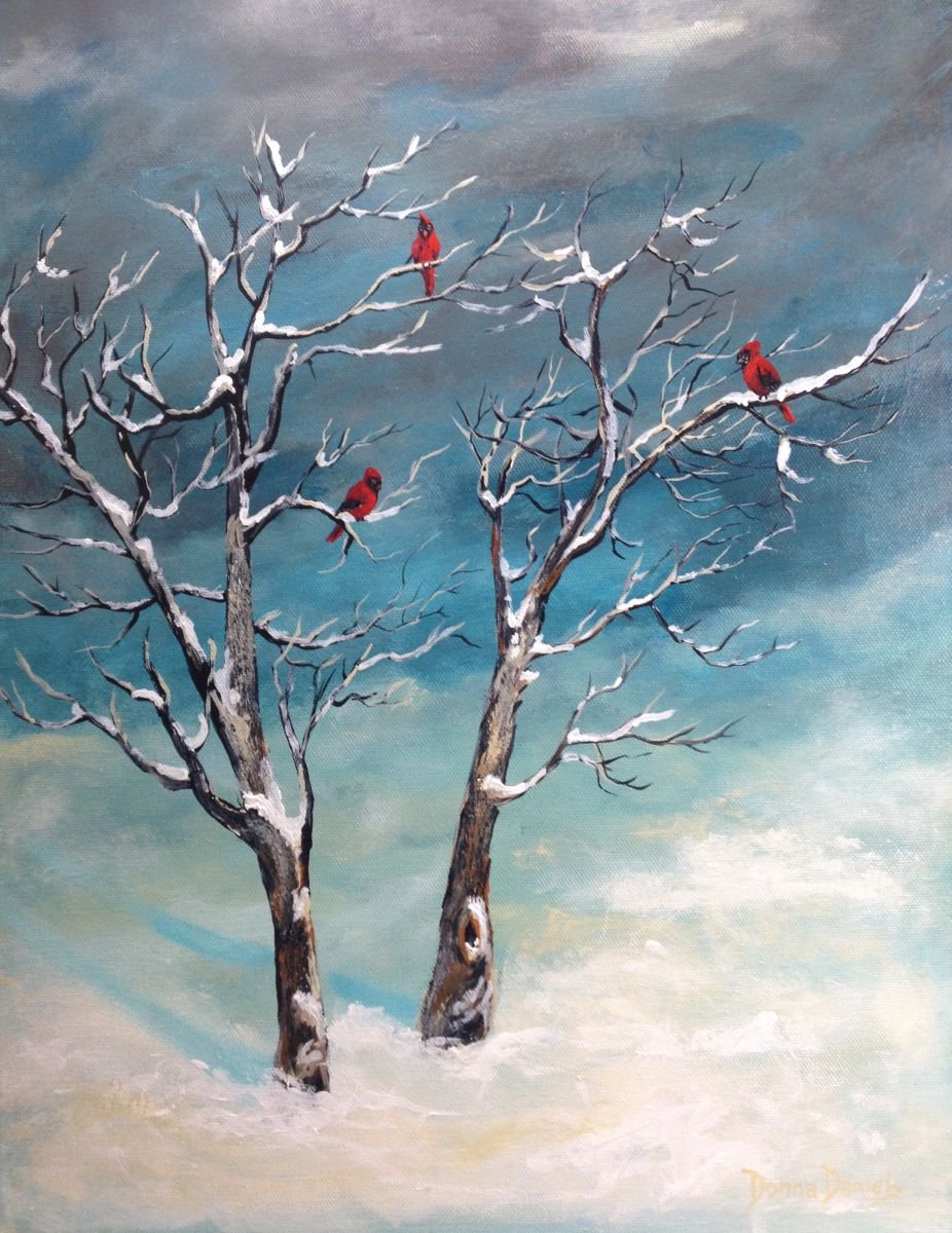Impressionistic Animal Acrylic Painting By Donna Daniels, 14 X 18, Three Scarlet Musketeers, Original Artwork