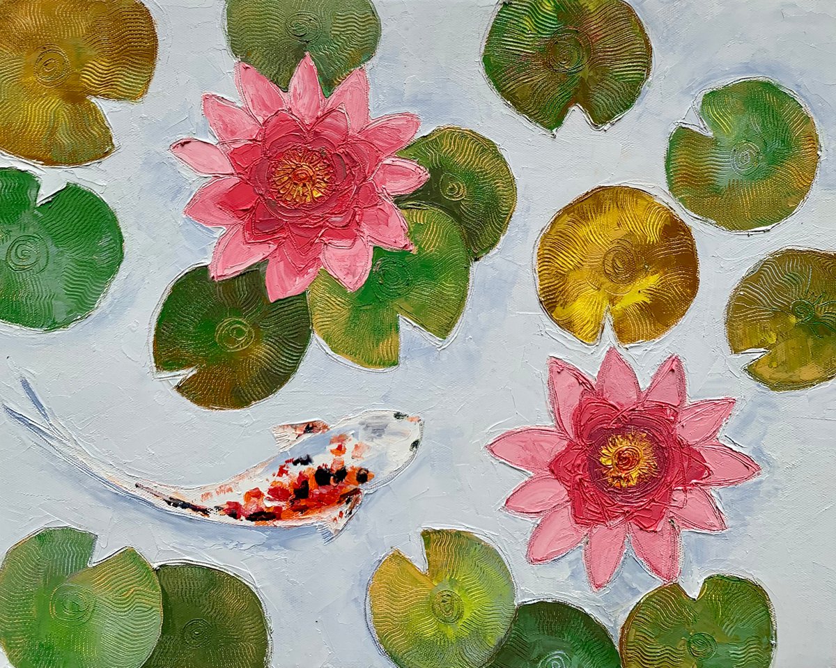 Expressive Oil Painting , Koi Fish And Water Lilies By Amita Dand, 18 X 14, Artwork For Sale On Artfinder