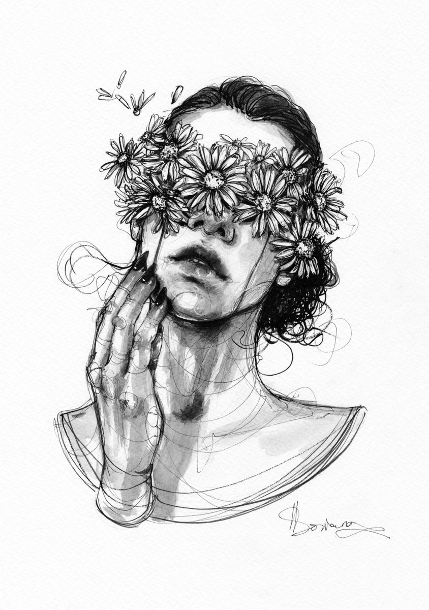 Expressive Portrait Ink Drawing By Doriana Popa, 8 X 12, Fortune, Original Artwork