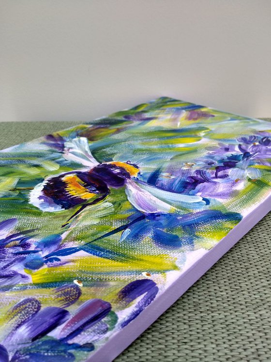 Triptych, Bees on lavender, floral wall art, original acrylic painting, Large Floral, Purple and Green