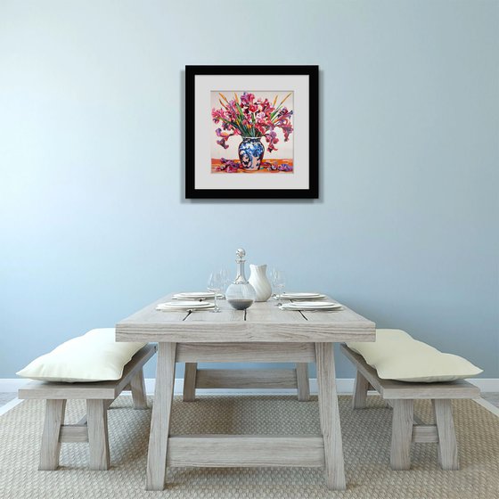 Irises in a porcelain vase