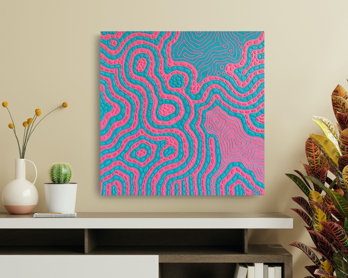 Geometric Abstract Acrylic Painting By Oxana Lazari, 24 X 24", Electric Landscape, Original Artwork