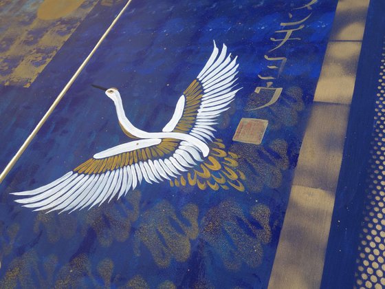 Japanese crane night Japan Hieroglyph blue original artwork J117 large acrylic painting wall art for Lounge, Office or above sofa