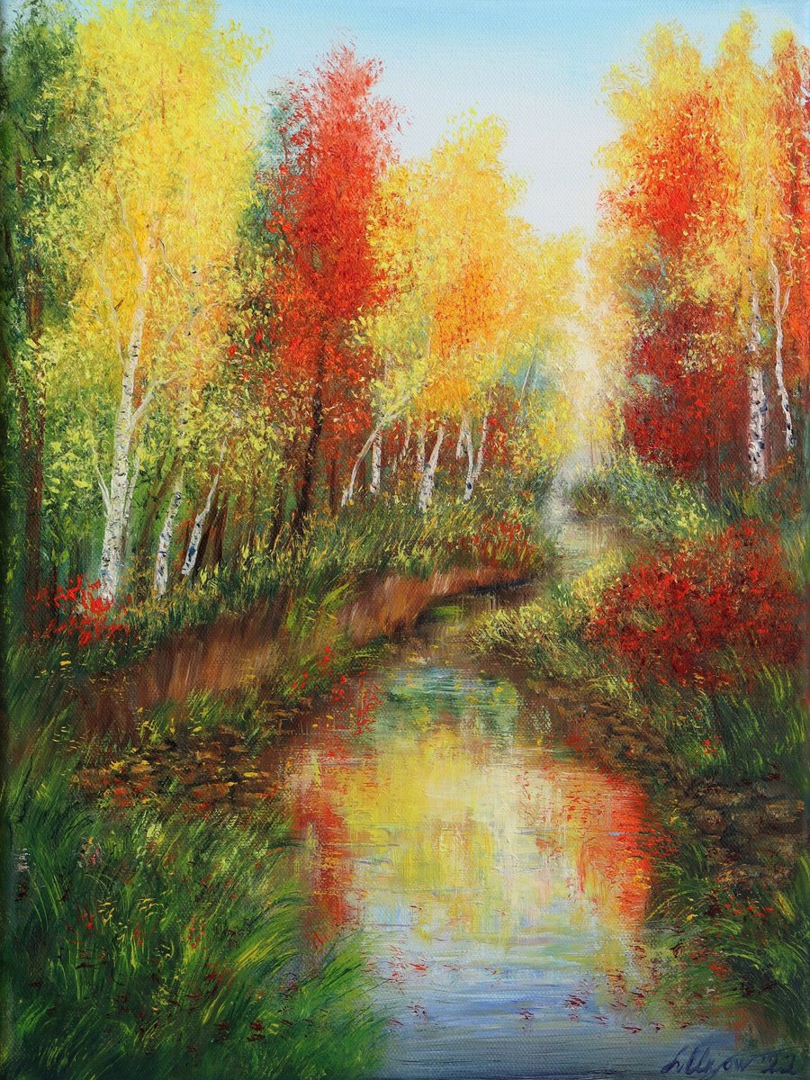 Impressionistic Landscape Oil Painting By Ludmilla Ukrow, 12 X 16", Autumn Forest, Original Artwork
