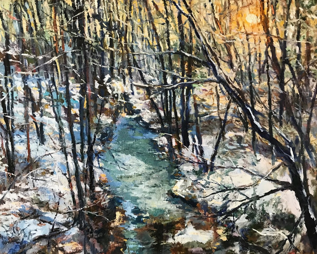 Impressionistic Landscape Oil Painting By Steven Hagy, 20 X 16", Feeder Stream March, Original Artwork