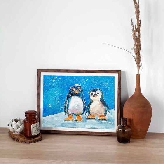 Penguin Couple Bird Small Artwork Snow Landscape