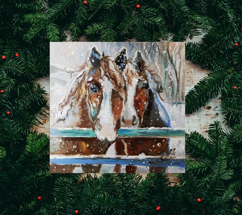Horse oil painting, Animals portrait painting, Christmas wall art oil painting by Annet Loginova