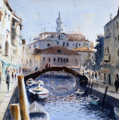 Twilight canal of Venice Italy 23x54cm 2020 by Nenad Kojić watercolorist