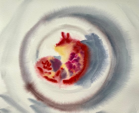 Pomegranate Watercolor Painting Original, Fruit Wall Art, Kitchen Decor, Abstract Brush Strokes Artwork