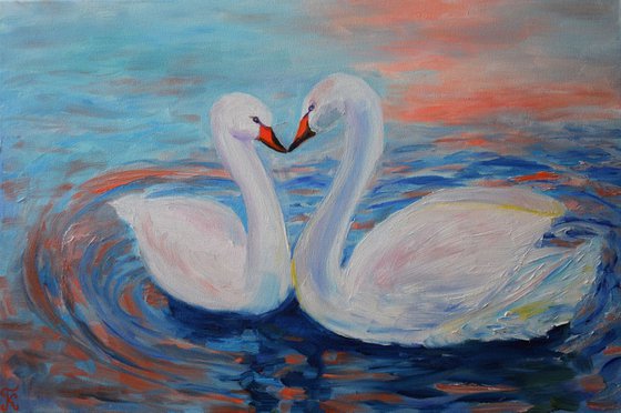 Oil painting Swans on Reykjavik Lake