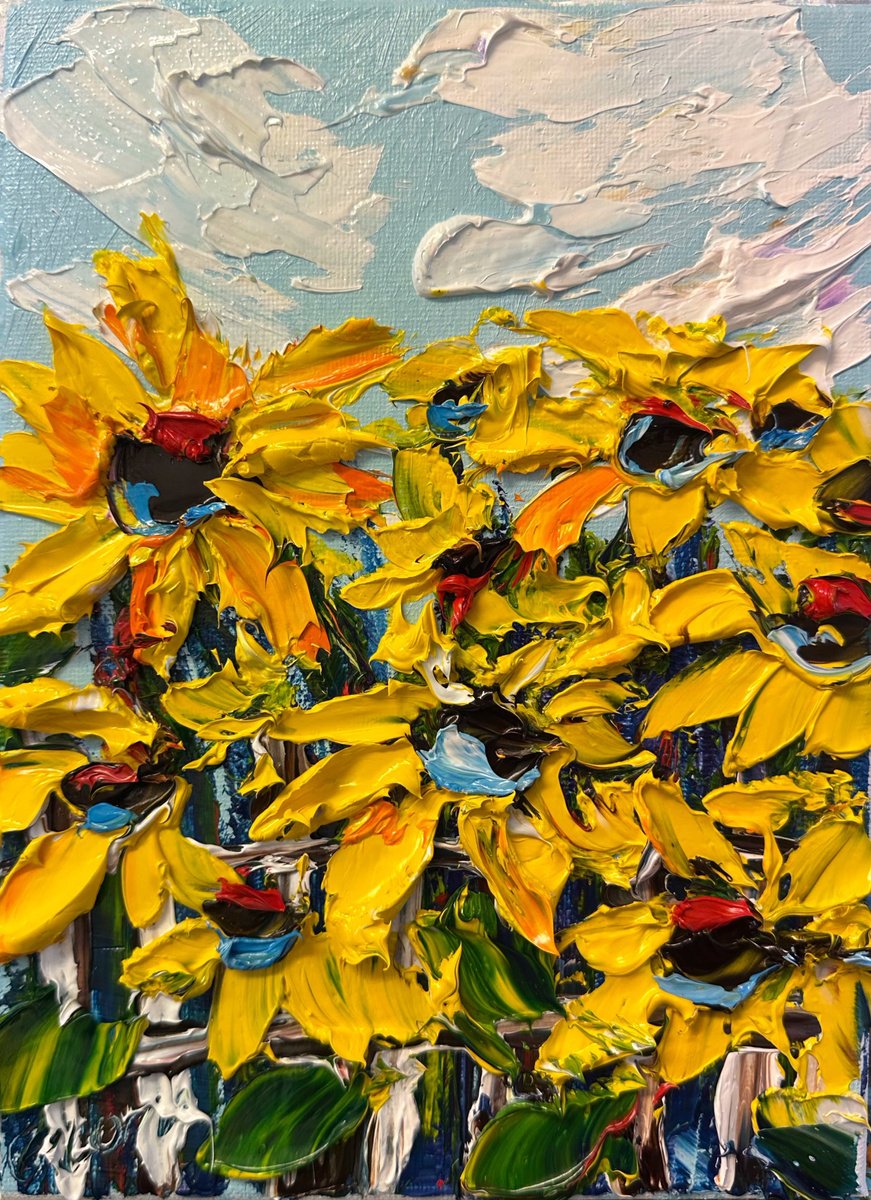 Impressionistic Botanical Oil Painting By Oksana Fedorova, 7 X 9", Sunflowers Impasto Art, Original Artwork