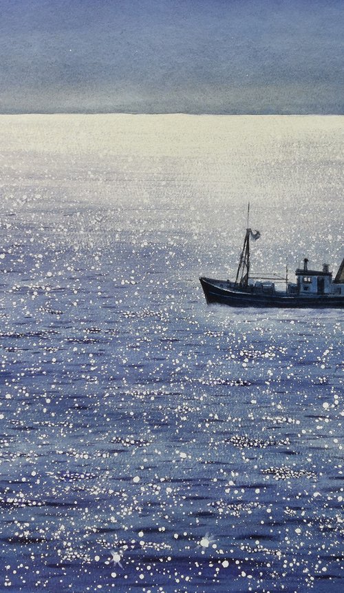 Calm - Fishing boat - ship - s by Olga Beliaeva Watercolour