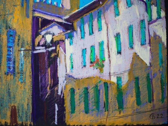 Siena. View of the tower from the street corner. Medium oil pastel drawing bright colors Italy