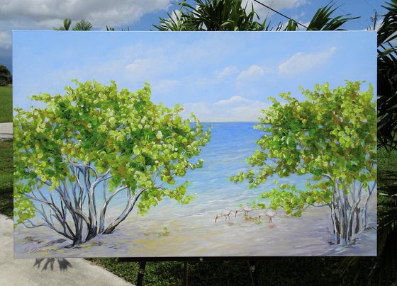 ENDLESS SUMMER. Tropical Island Seascape Painting of Florida Beach and Sea Birds.