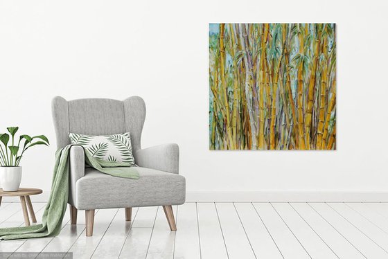 SINGING BAMBOO №1 - large original oil painting, panel, plants and trees, landscape art, home interior decor. 146х146