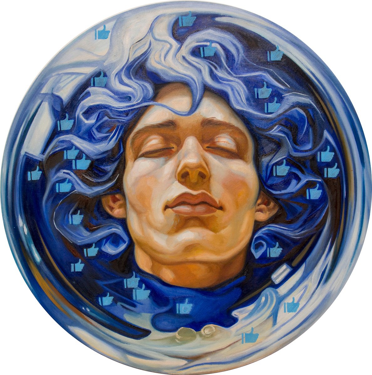 Surrealistic Portrait Oil Painting By Yaroslav Kurbanov, 24 X 24", In An Information Bubble N1, Original Artwork