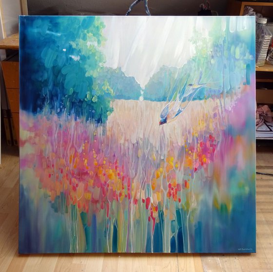 Summer Playground a large semi abstract oil on canvas of a summer meadow with wildflowers and swallows