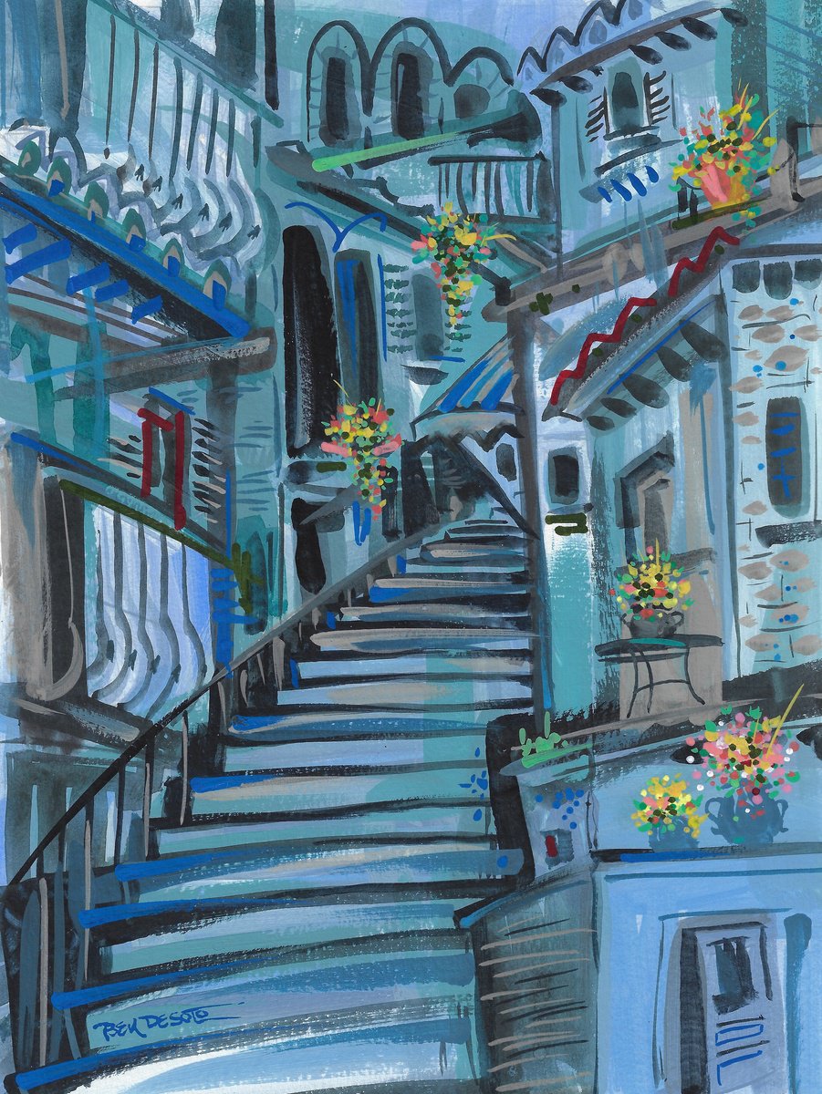 Cityscapes Painting By Ben De Soto, 9 X 12, Stairway, Original Artwork