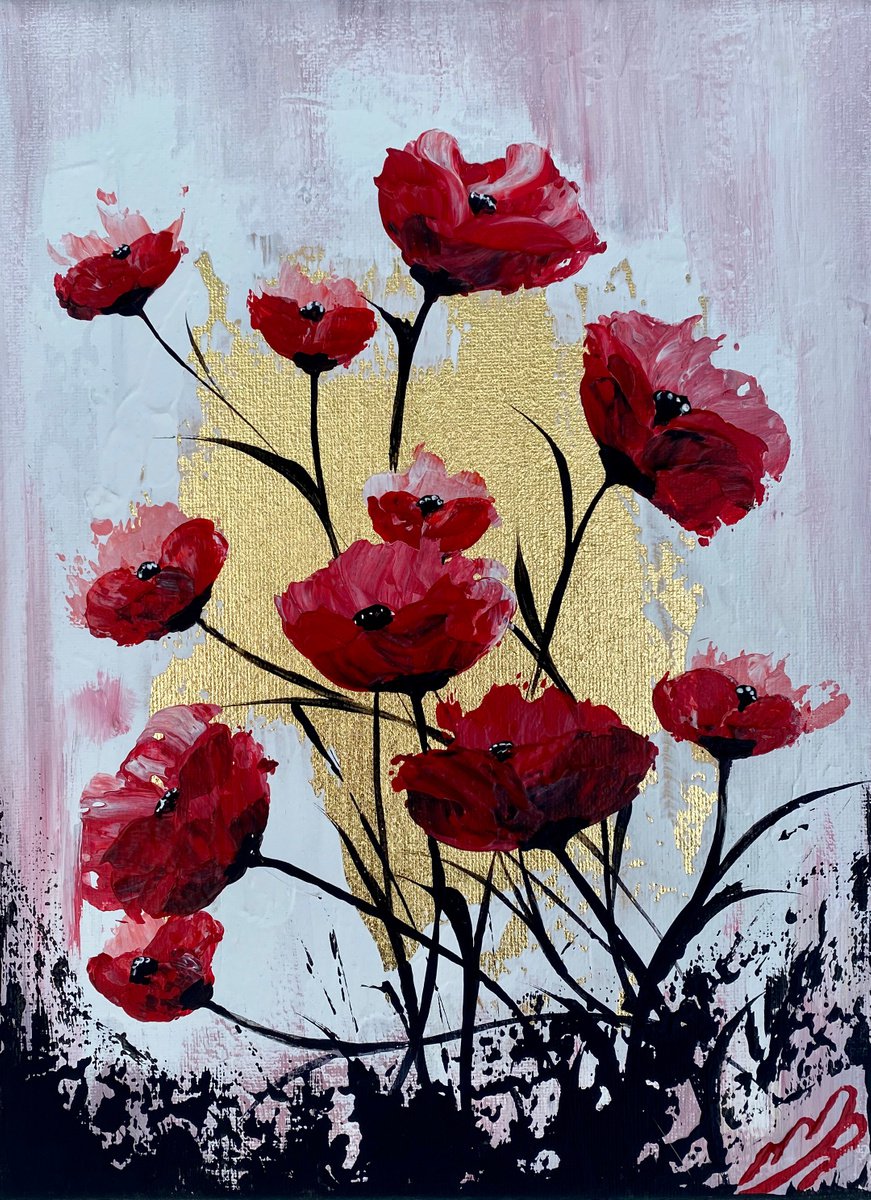 Red Poppies on Gold Leaf against a Pink Sky by Marja Brown