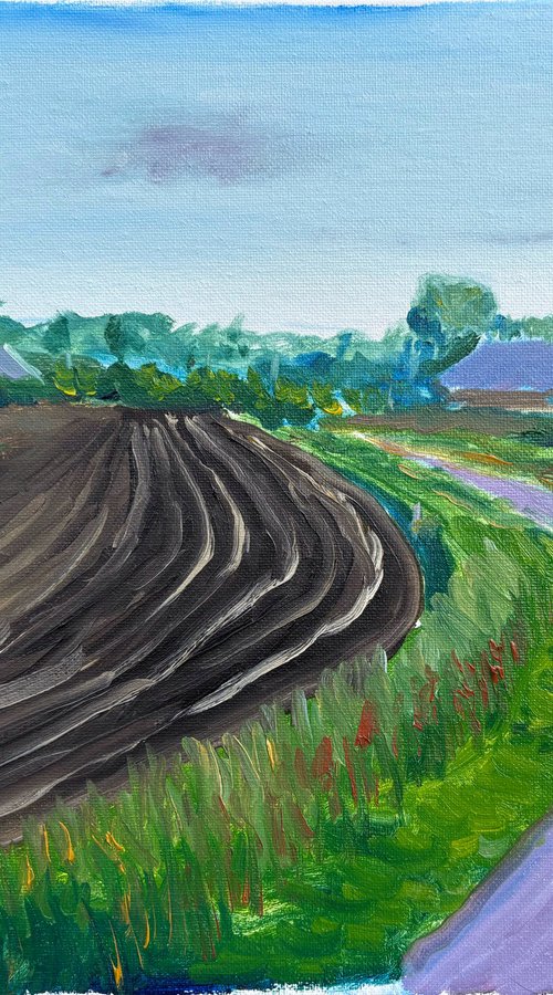Plowed field, road and windmill . Plein Air by Dmitry Fedorov