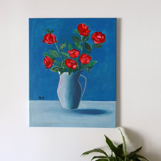Red Roses in a Blue Vase