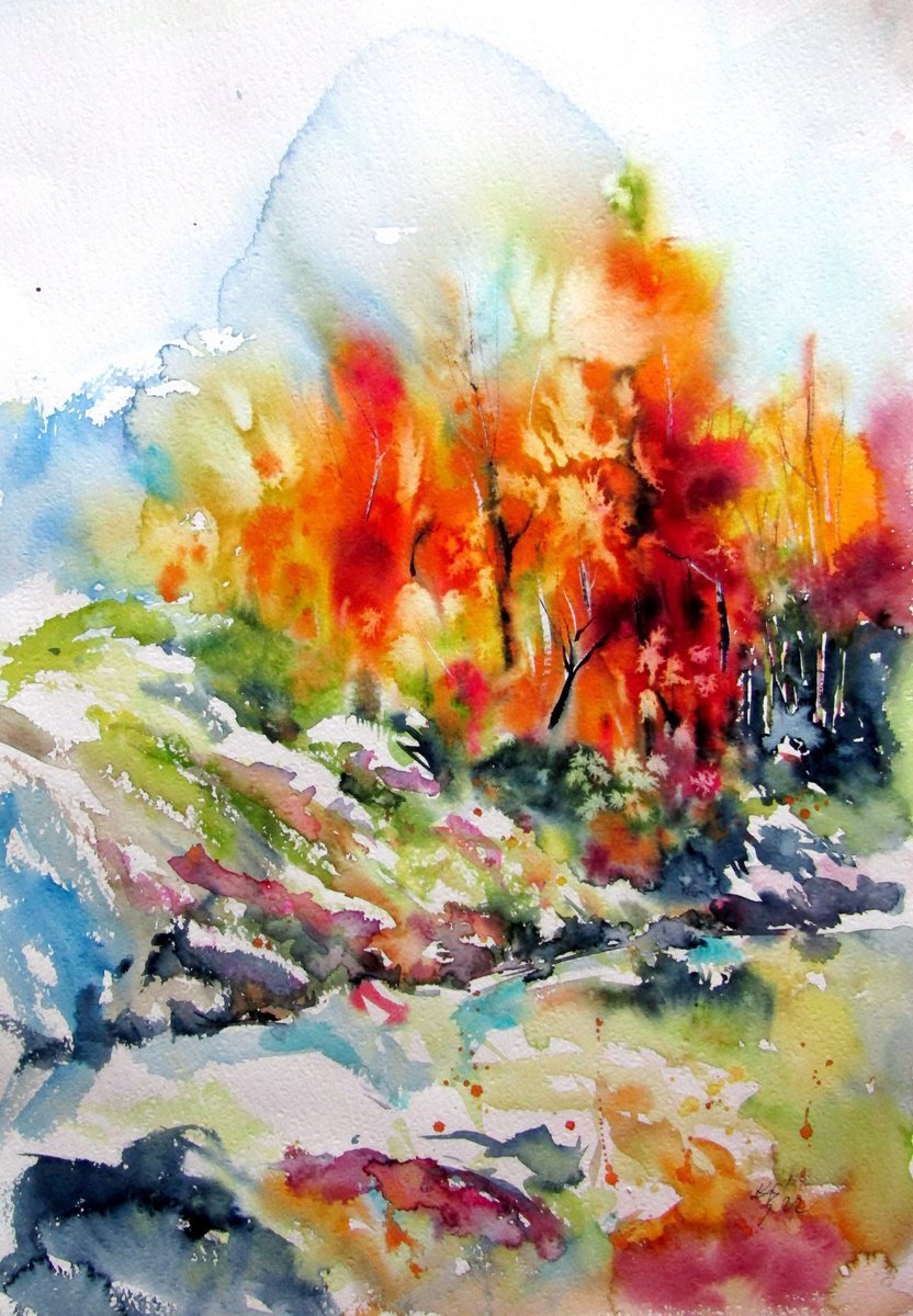 Impressionistic Watercolour , Bright Autumn Landscape By Kovacs Anna Brigitta, 15 X 22, Artwork For Sale On Artfinder