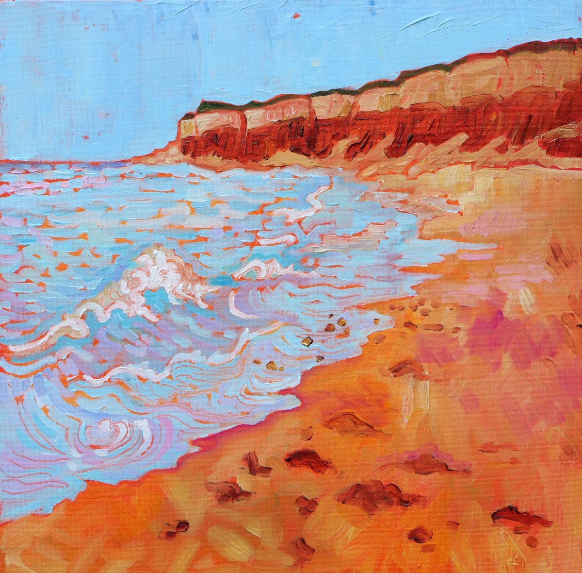 Impressionistic Landscape Oil Painting By Mary Kemp, 12 X 12", Exploration, Hunstanton Beach, Original Artwork