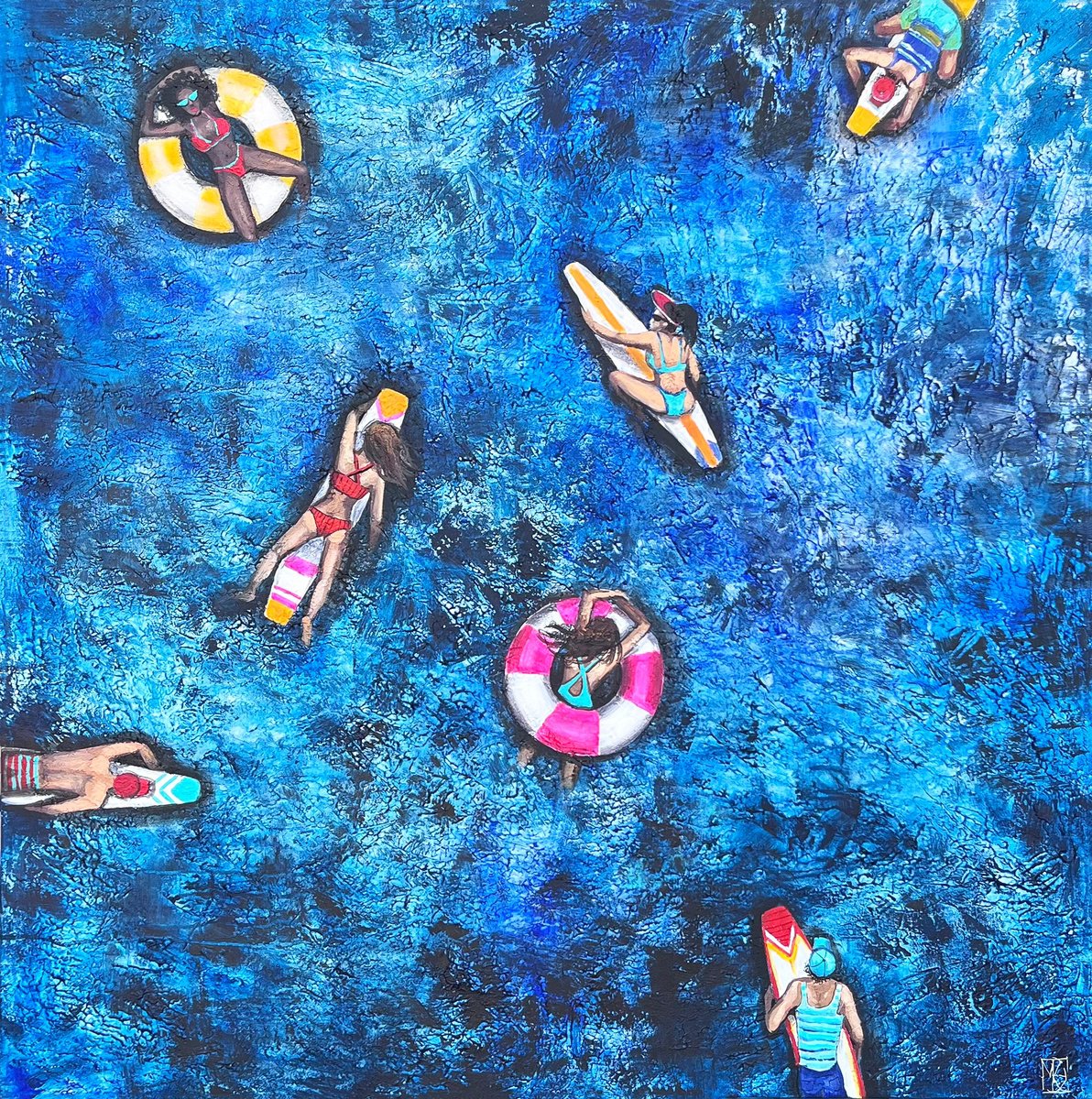 Impressionistic Landscape Acrylic Painting By Maria Kireev, 43 X 43", Silent Blue, Original Artwork